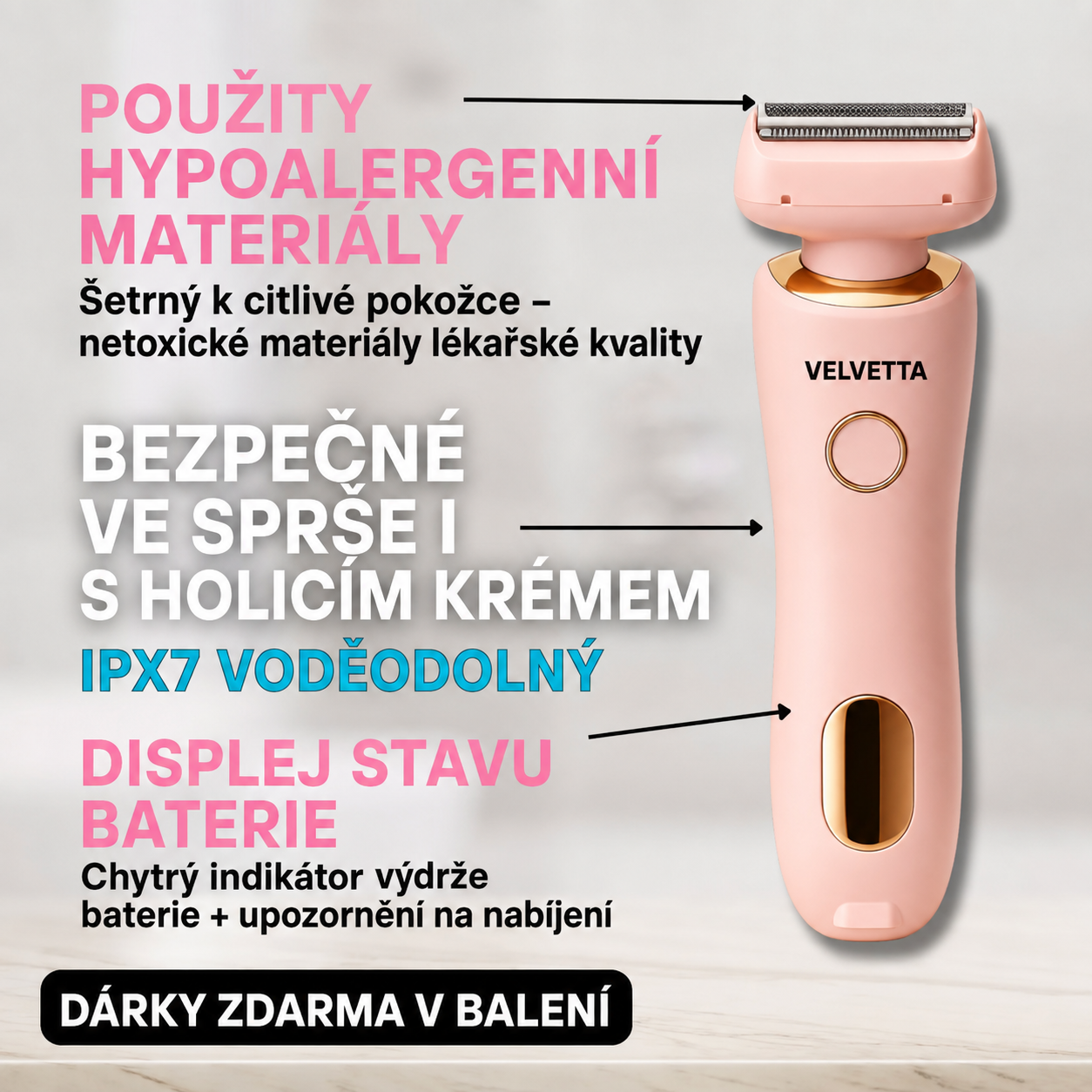 Hypoalergenní materiály, IPX7 voděodolnost a displej stavu baterie