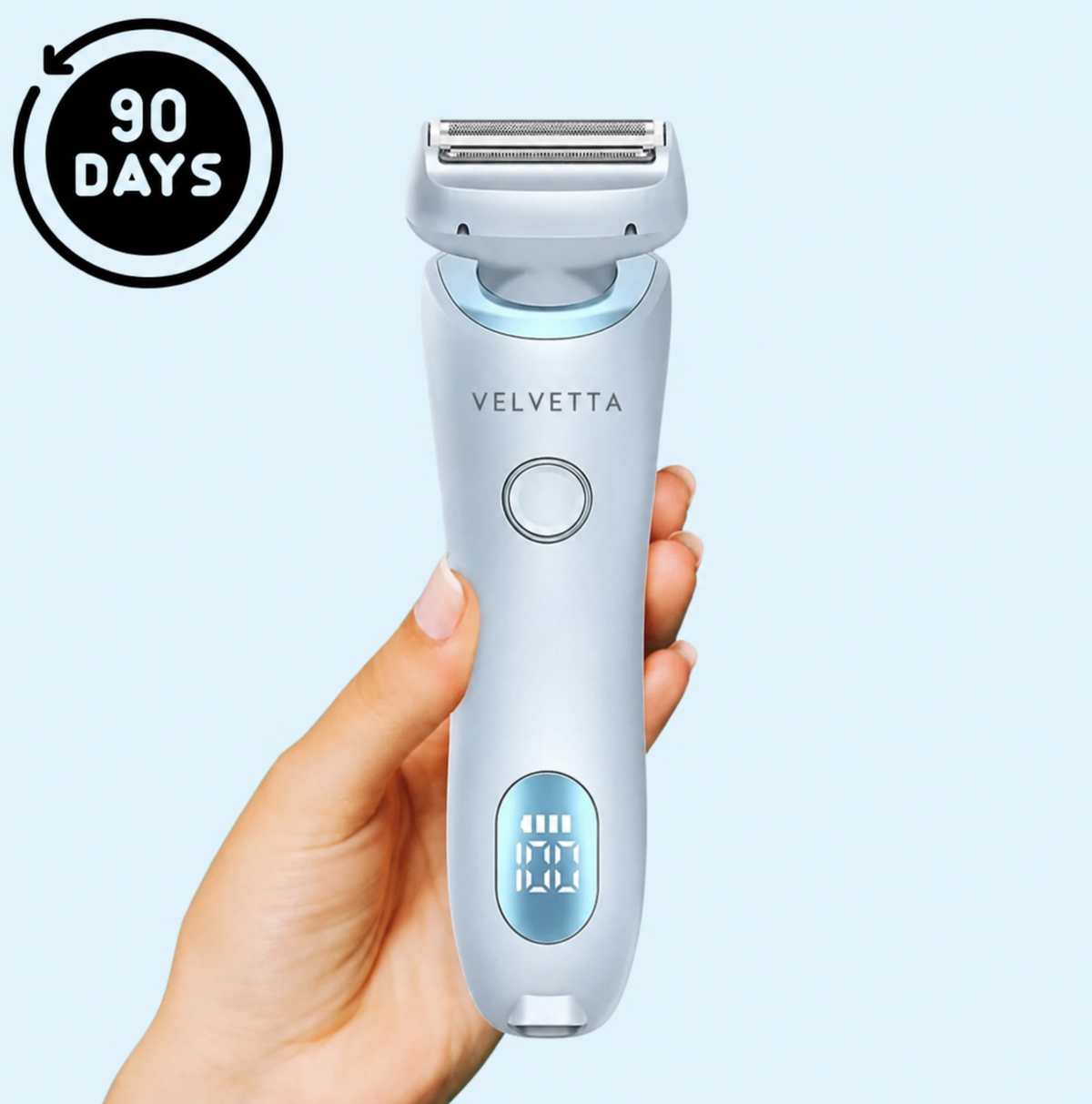 Velvetta SilkGlide Pro 2.0 v modré barvě s displejem baterie